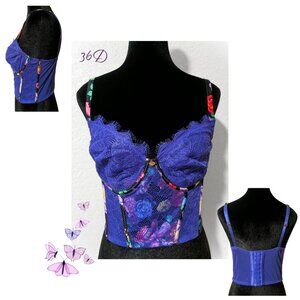 {Sofia Intimates} "Enchanted Garden" 36D Floral Blue Satin & Lace Corset Bustier
